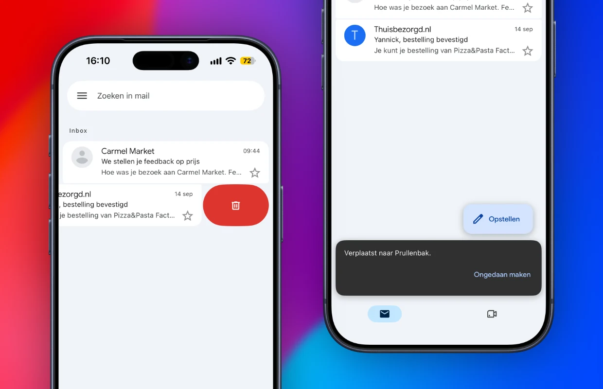 Gmail for iPhone with a grey inbox, white email cards, a rounded red delete swipe and a pill-shaped Compose button