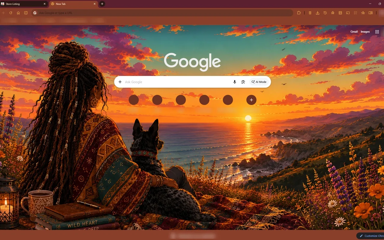 Illustrated cozy sunset over the sea with flowers and a person with a dog
