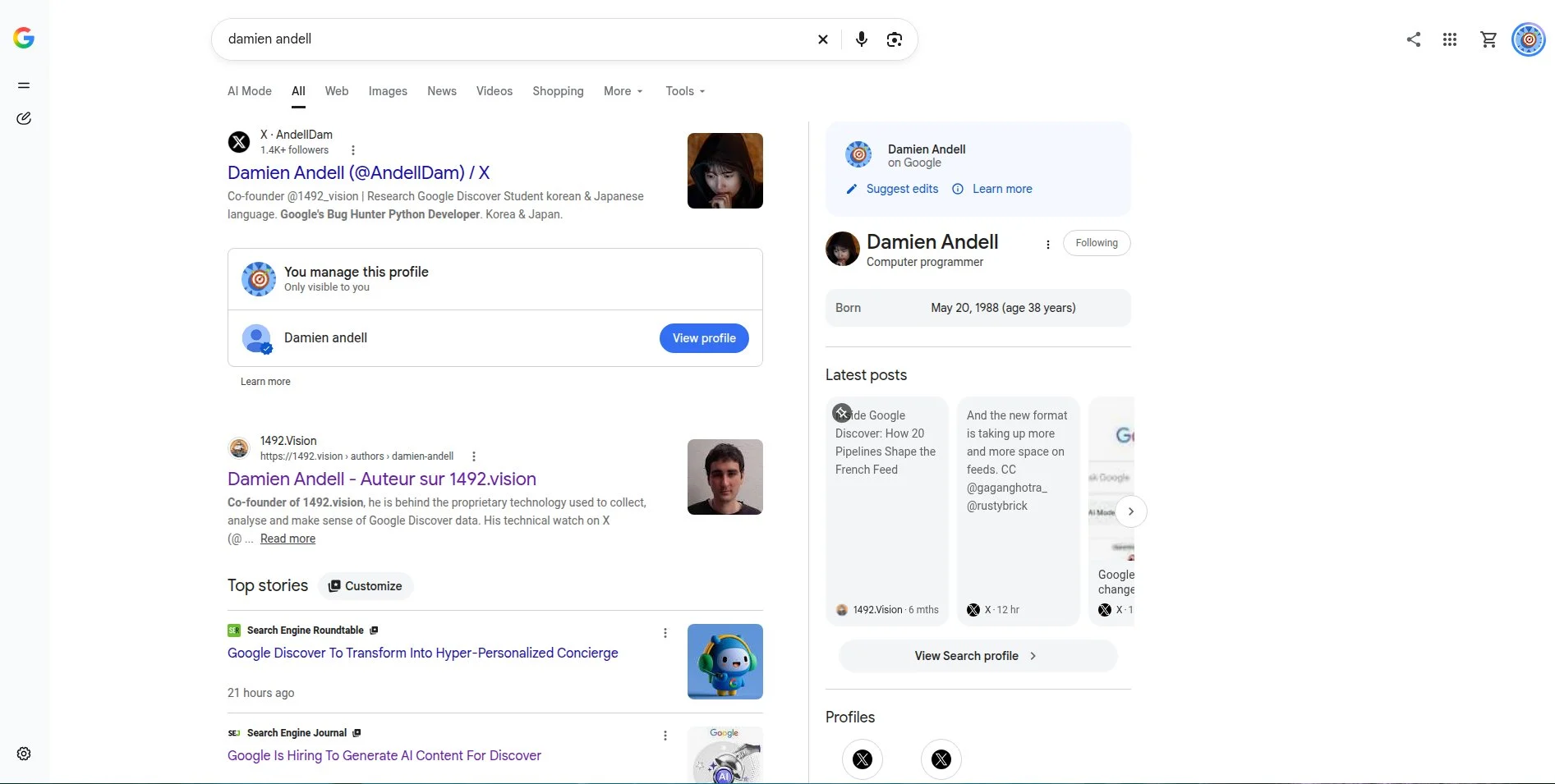Google search results page with the AI Mode left sidebar showing the Google logo, new chat and settings icons