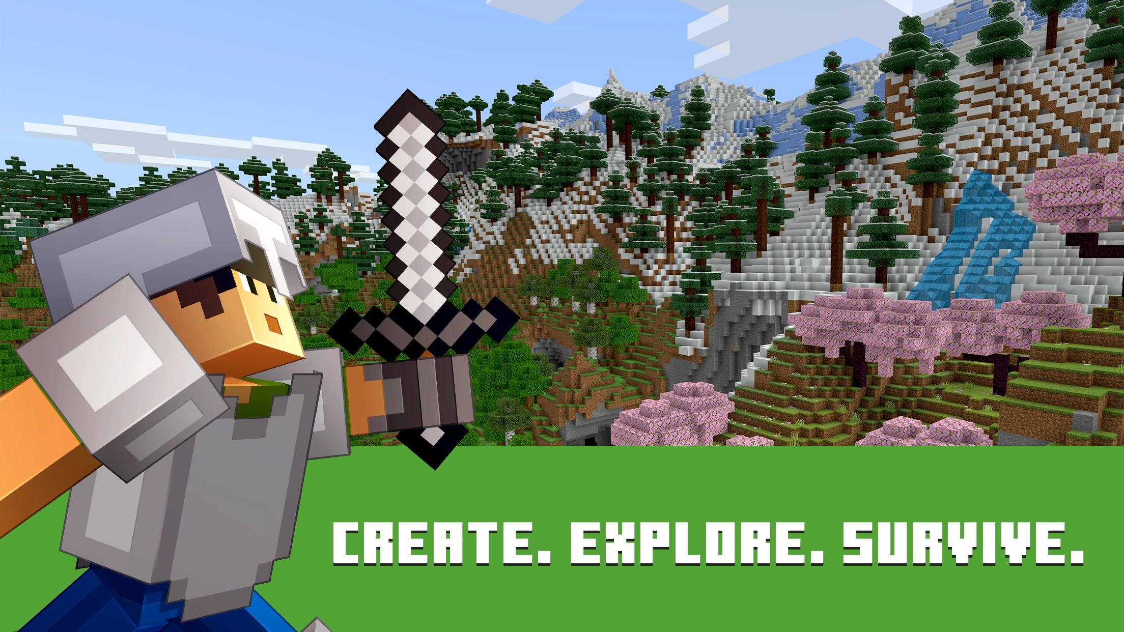 Official Minecraft promotional screenshot showing an armored character with a sword beside mountains, waterfalls and cherry trees