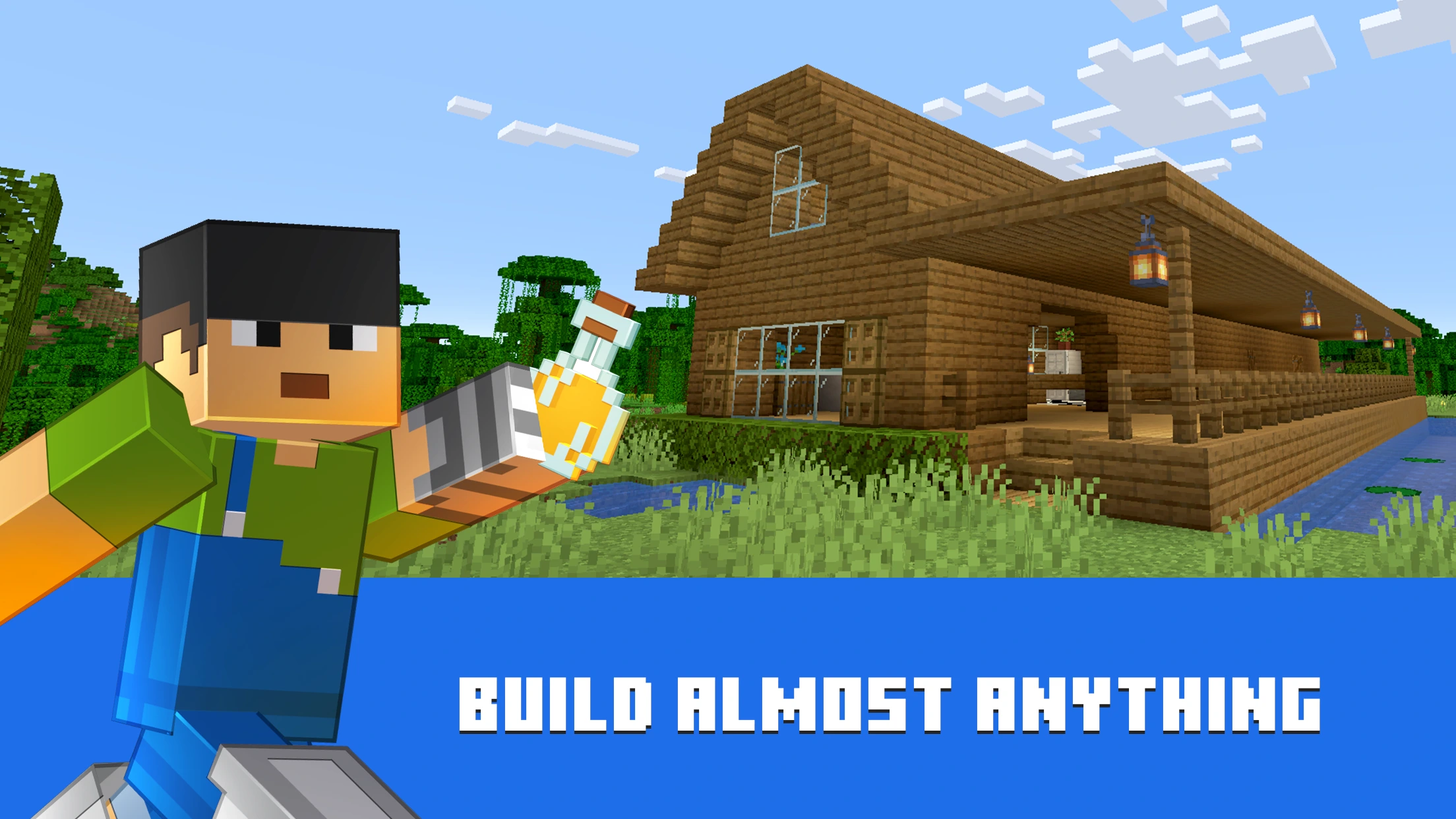 Official Minecraft promotional screenshot showing a wooden house by water with a character holding a bottle