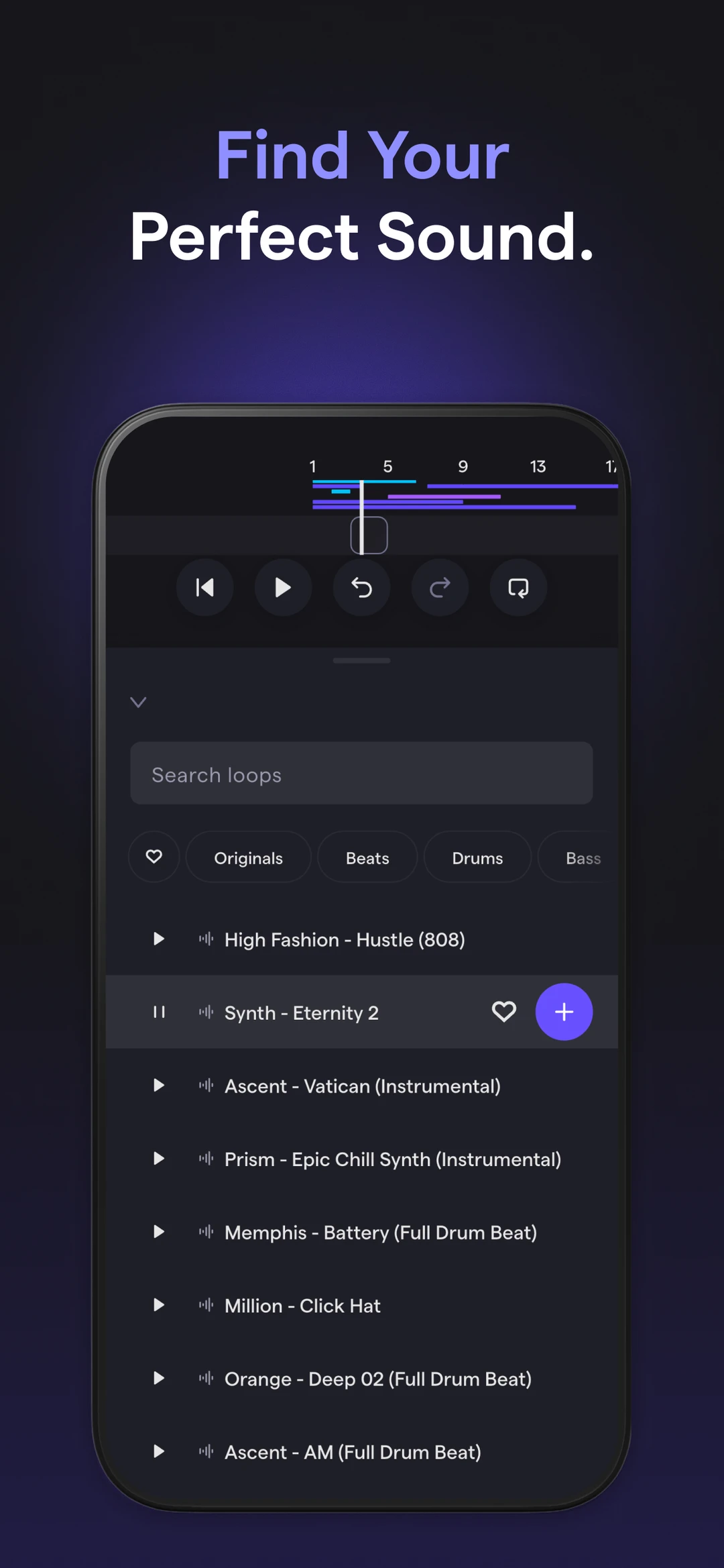 Official Soundtrap loops library and sound pack browser showing beats, drums, bass, and synth presets