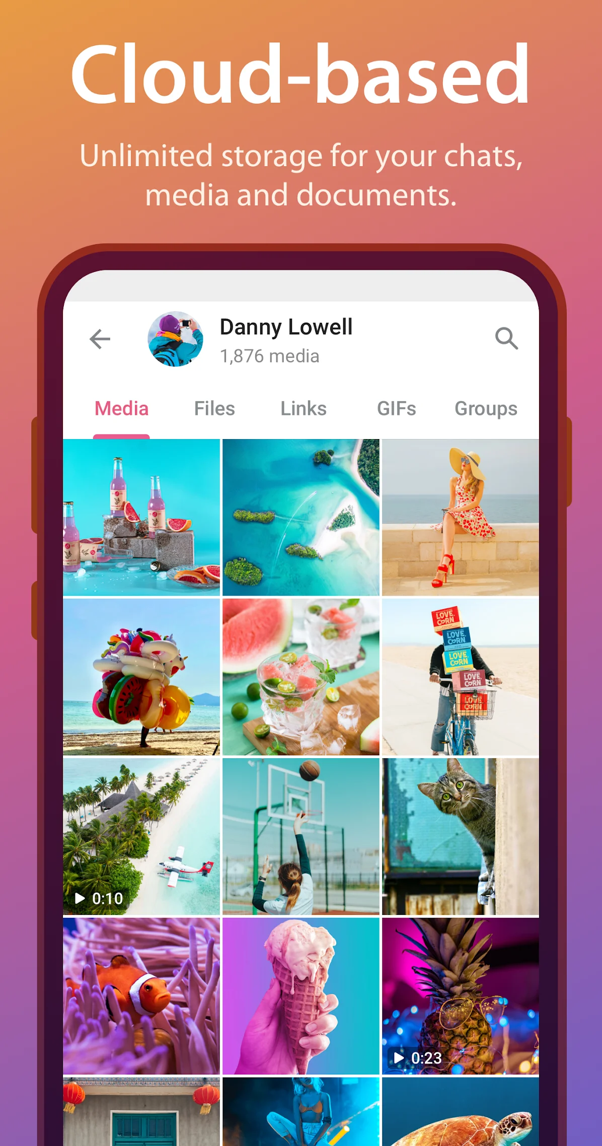 Telegram cloud storage and large media sharing interface showing high-speed document and video transfers