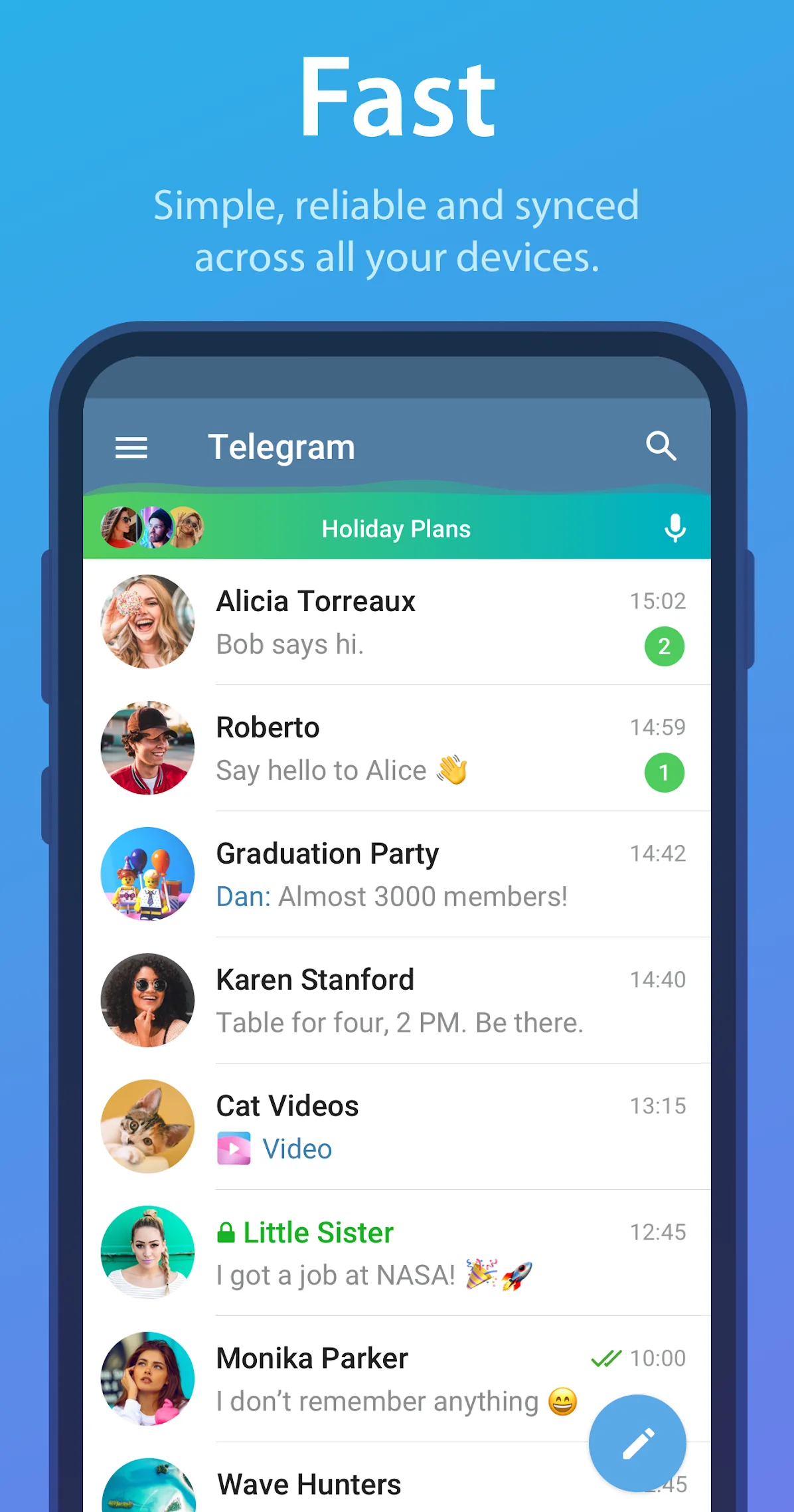 Official Telegram for Android interface showing synchronized cloud chat list, search bar, and active channels