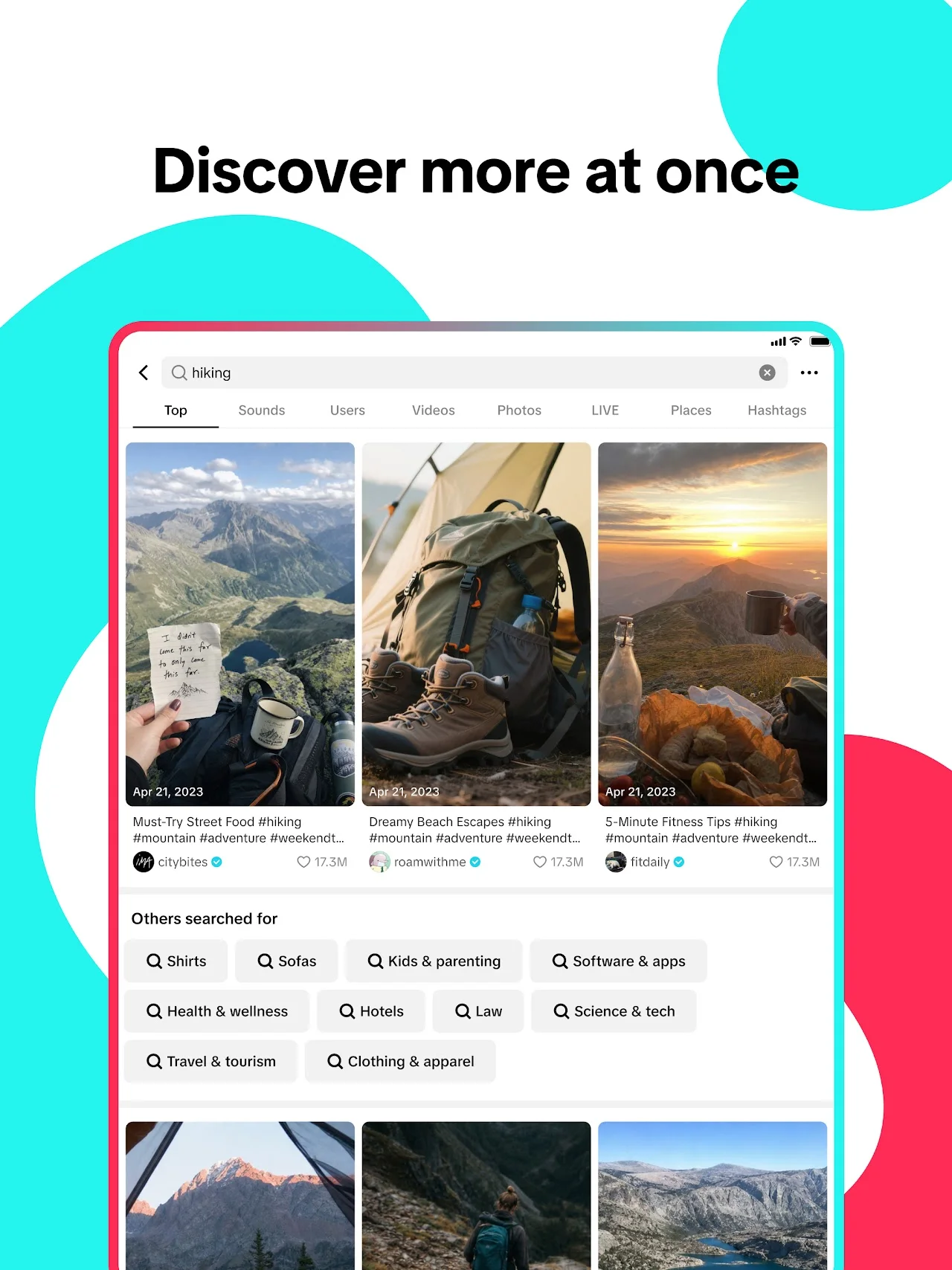 Official TikTok search and discovery screen showing multi-column video grid and category tabs