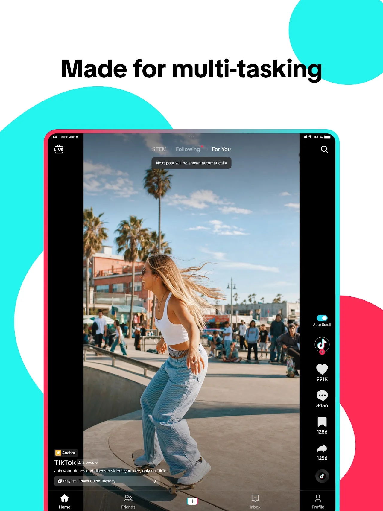 Official TikTok for Android interface on Chromebook showing video player feed, Auto Scroll toggle, and navigation tabs