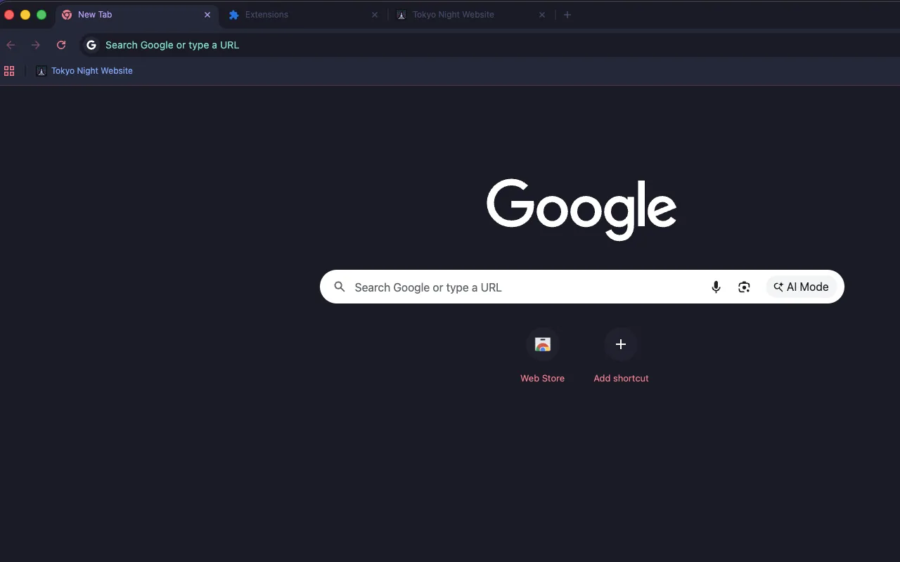 Dark navy minimal Tokyo Night Storm Chrome theme