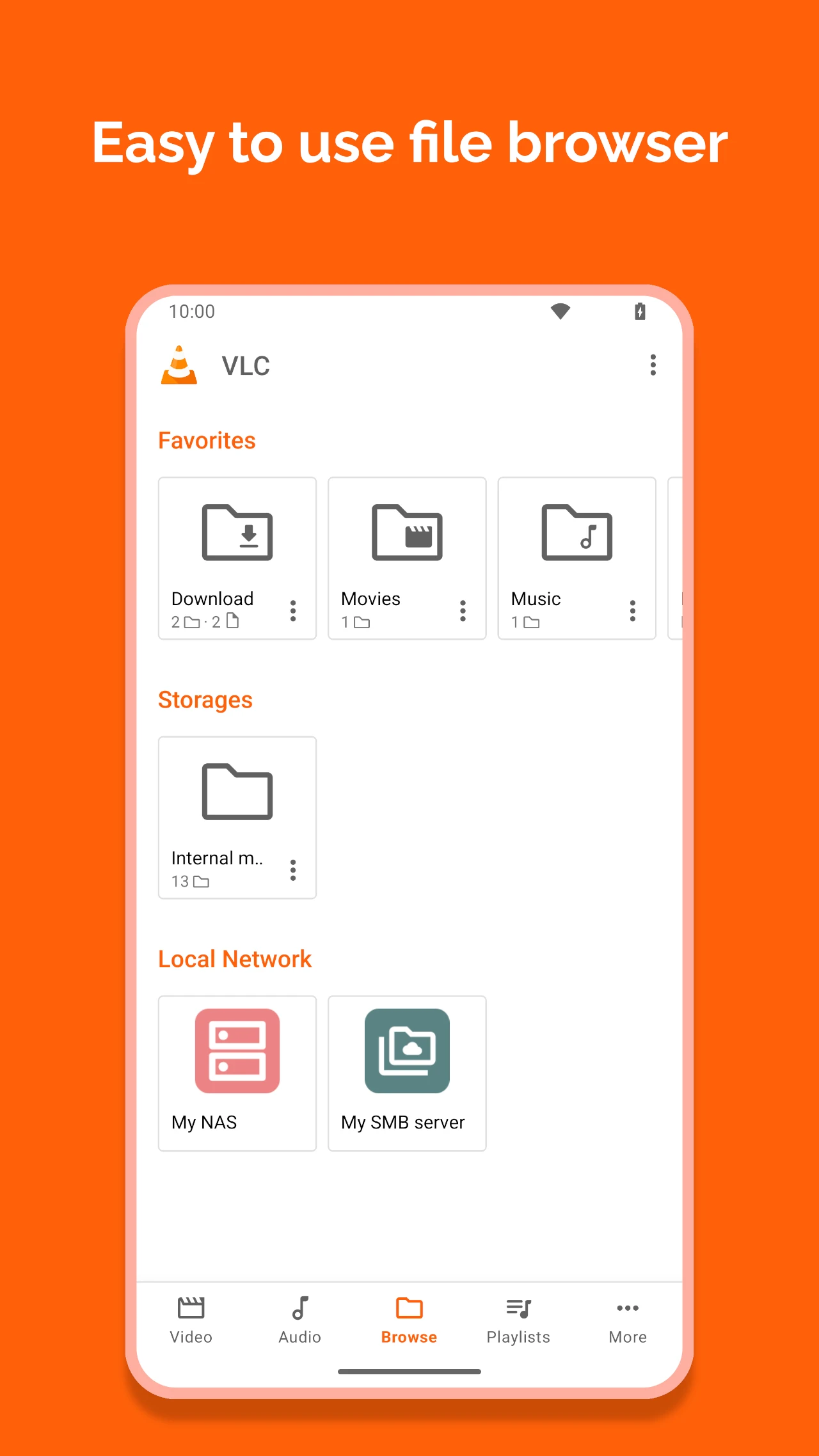 Official VLC file browser showing internal storage, downloads, and local network shared folders