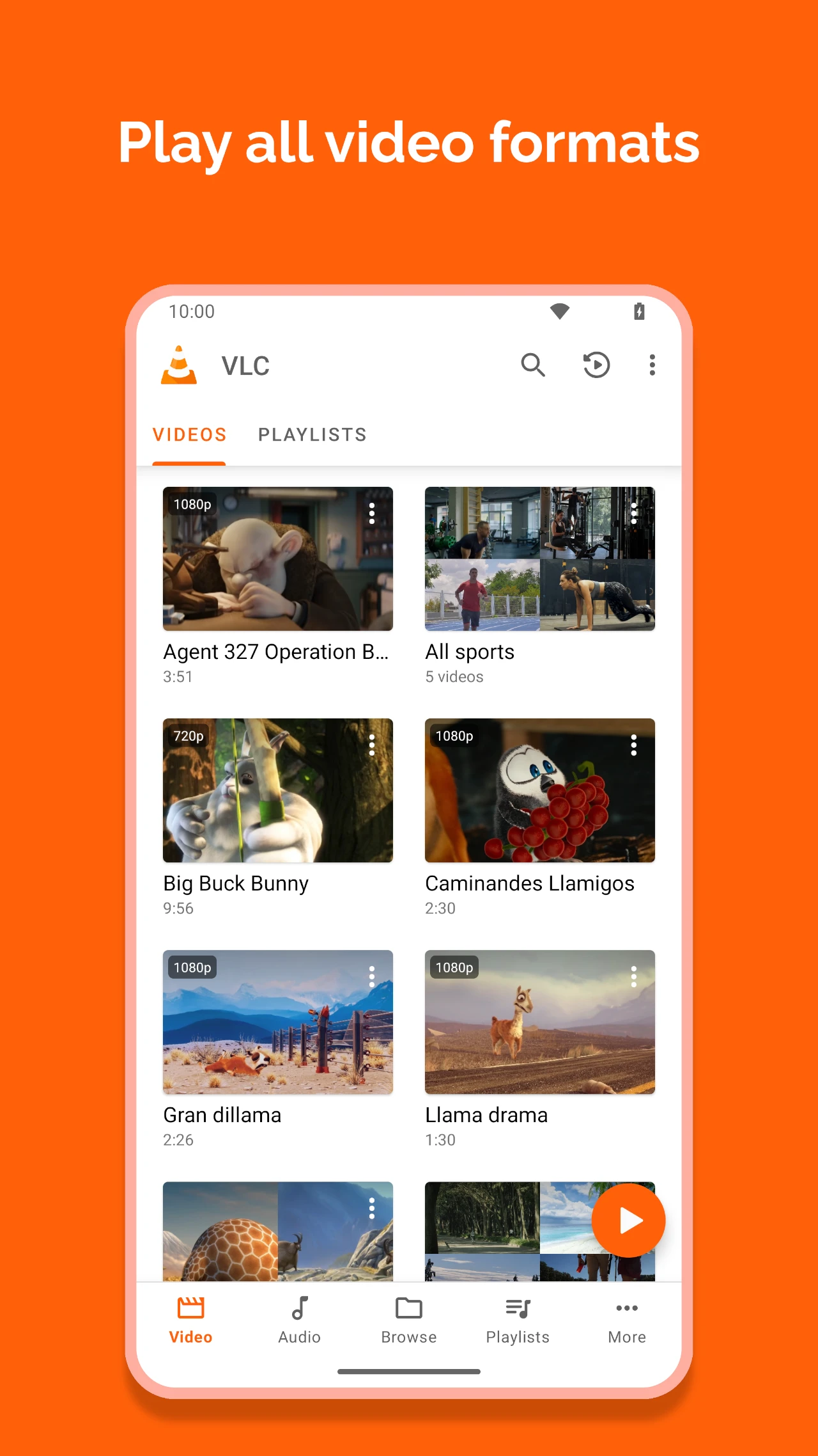 Official VLC for Android interface showing video library thumbnails and navigation tabs
