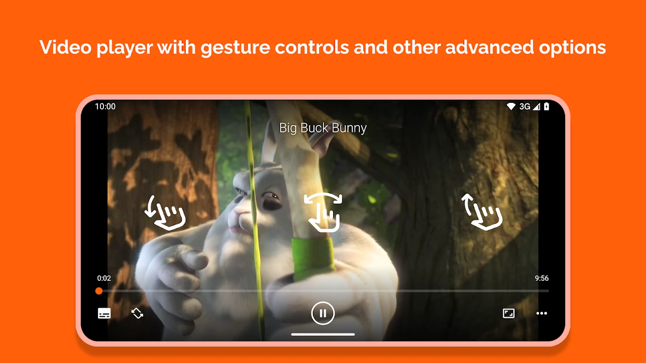 Official VLC playback screen showing video player gesture controls for volume, brightness, and seeking